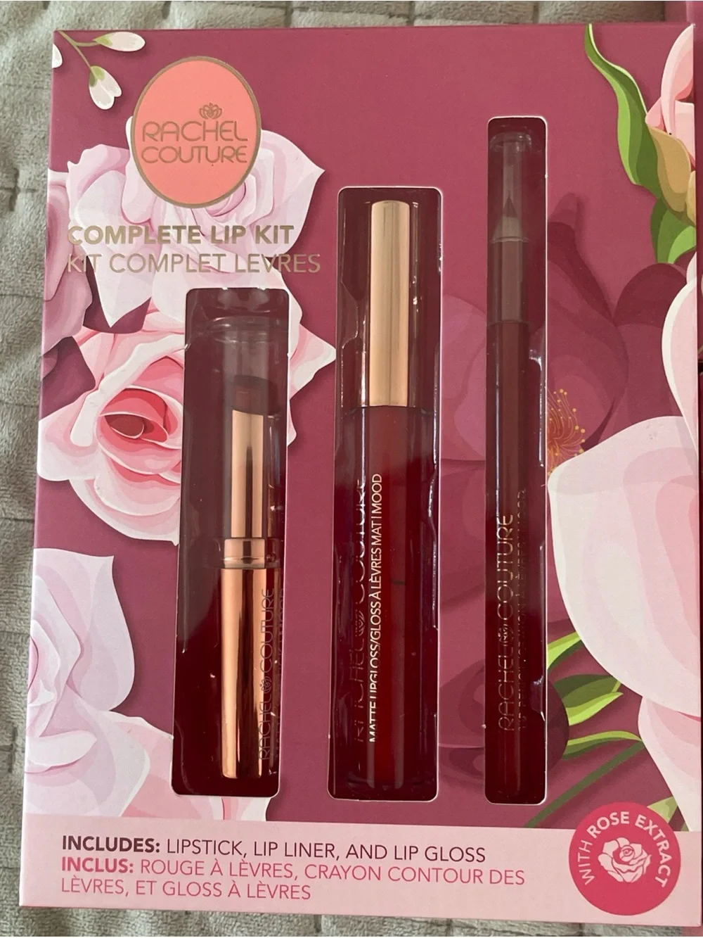 Lot of 3 Complete Lip Kit — Rose, nude and mood lipstick, gloss & liner